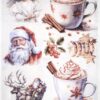 An assortment of holiday-themed items including a Santa Claus figure, an angel, two cups of hot chocolate topped with whipped cream and cinnamon sticks, holly berries, star-shaped cookies, and a reindeer pulling a sleigh