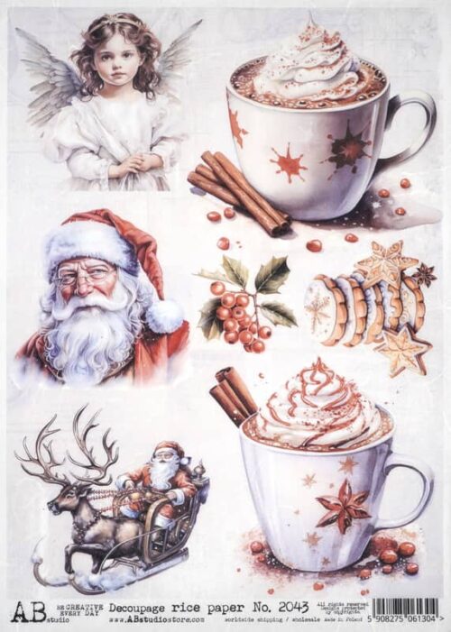 An assortment of holiday-themed items including a Santa Claus figure, an angel, two cups of hot chocolate topped with whipped cream and cinnamon sticks, holly berries, star-shaped cookies, and a reindeer pulling a sleigh