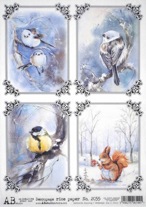 AB Studio Decoupage Rice Paper A/4 - Winter Birds and Squirrel Scenes - 2055