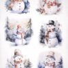 Assortment of six snowmen illustrations on rice paper, each with unique festive accessories like scarves and hats, set against a soft wintry background with pine trees and falling snowflakes