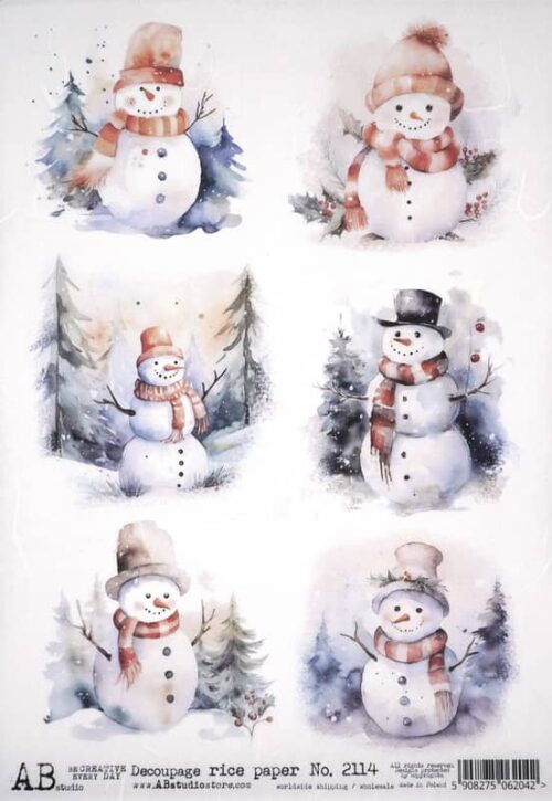 Assortment of six snowmen illustrations on rice paper, each with unique festive accessories like scarves and hats, set against a soft wintry background with pine trees and falling snowflakes