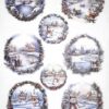 Assortment of eight winter-themed artistic designs featuring snowy landscapes, cozy cottages, festive snowmen, and people enjoying winter sports