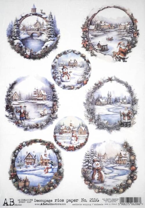 Assortment of eight winter-themed artistic designs featuring snowy landscapes, cozy cottages, festive snowmen, and people enjoying winter sports