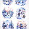 A collection of six circular images featuring various cheerful snowmen in winter landscapes, with trees, snowflakes, and houses, showcasing a range of festive scenes suitable for decoupage or decoration