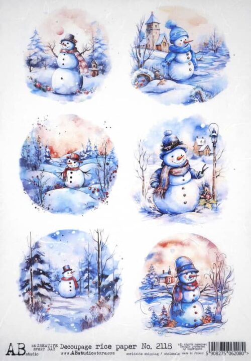 A collection of six circular images featuring various cheerful snowmen in winter landscapes, with trees, snowflakes, and houses, showcasing a range of festive scenes suitable for decoupage or decoration