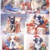 Four separate images of animals with holiday gifts. Top left shows a rabbit on a blue cushion surrounded by wrapped presents. Top right features the same rabbit perched atop a gift box. Bottom left depicts a small dog amidst colorful gift boxes, and bottom right shows the same dog with a different pose next to more presents. All images have an artful watercolor style with vibrant hues, capturing the festive spirit