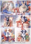 Four separate images of animals with holiday gifts. Top left shows a rabbit on a blue cushion surrounded by wrapped presents. Top right features the same rabbit perched atop a gift box. Bottom left depicts a small dog amidst colorful gift boxes, and bottom right shows the same dog with a different pose next to more presents. All images have an artful watercolor style with vibrant hues, capturing the festive spirit