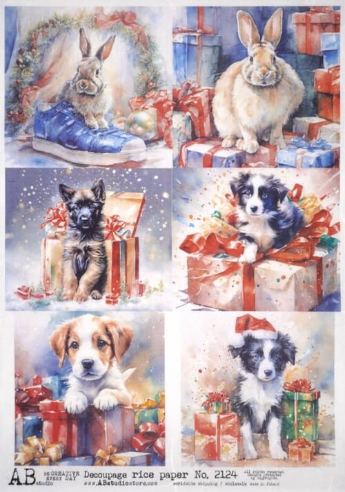 Four separate images of animals with holiday gifts. Top left shows a rabbit on a blue cushion surrounded by wrapped presents. Top right features the same rabbit perched atop a gift box. Bottom left depicts a small dog amidst colorful gift boxes, and bottom right shows the same dog with a different pose next to more presents. All images have an artful watercolor style with vibrant hues, capturing the festive spirit