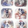 A collection of six images featuring animals with Christmas gifts. The top row shows a rabbit with a blue ribbon and another with a red ribbon, both amidst snowflakes. The middle row depicts two puppies; one black with a red bow and the other black and white with a red ribbon, both surrounded by presents. The bottom row has two images; however, the left image is obscured by a blue rectangle censoring content. The right shows the same black and white puppy with more gifts. Each image has an aura of holiday warmth and charm