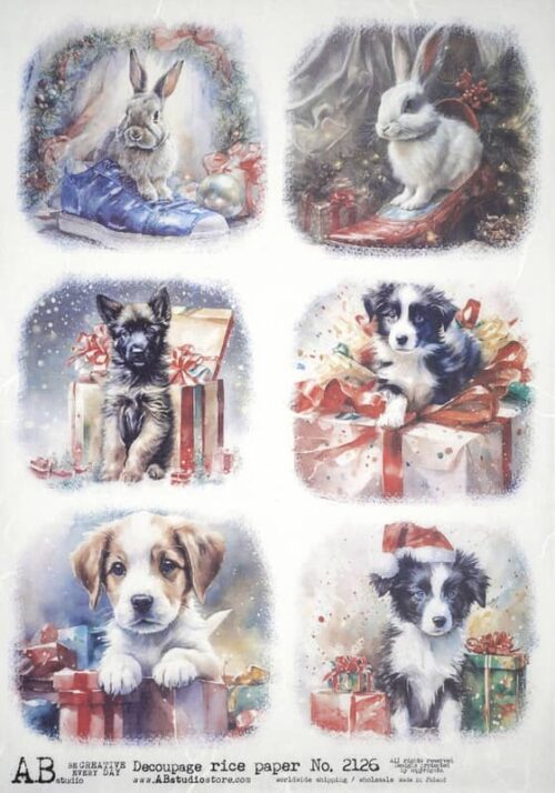 A collection of six images featuring animals with Christmas gifts. The top row shows a rabbit with a blue ribbon and another with a red ribbon, both amidst snowflakes. The middle row depicts two puppies; one black with a red bow and the other black and white with a red ribbon, both surrounded by presents. The bottom row has two images; however, the left image is obscured by a blue rectangle censoring content. The right shows the same black and white puppy with more gifts. Each image has an aura of holiday warmth and charm