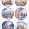 A collection of six wintry house scenes depicted within circular frames on decoupage rice paper, featuring snow-laden landscapes and warmly lit homes.