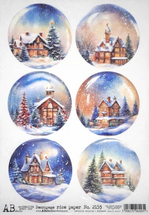 A collection of six wintry house scenes depicted within circular frames on decoupage rice paper, featuring snow-laden landscapes and warmly lit homes.