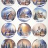 An array of twelve circular images depicting various winter scenes, each set within a snow globe. The illustrations showcase cosy cottages, snow-covered trees, and warm glowing lights, evoking a festive holiday atmosphere. These images are likely used for decoupage or similar crafts, as indicated by the label ‘Decoupage rice paper No. 2154’ at the bottom of the sheet.