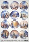 An array of twelve circular images depicting various winter scenes, each set within a snow globe. The illustrations showcase cosy cottages, snow-covered trees, and warm glowing lights, evoking a festive holiday atmosphere. These images are likely used for decoupage or similar crafts, as indicated by the label ‘Decoupage rice paper No. 2154’ at the bottom of the sheet.