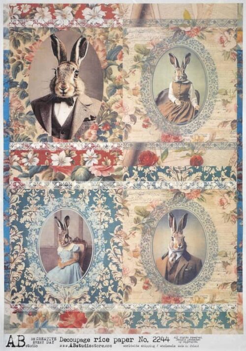 AB Studio Decoupage Rice Paper  A/4 - Vintage Anthropomorphic Rabbit Portraits - 2244