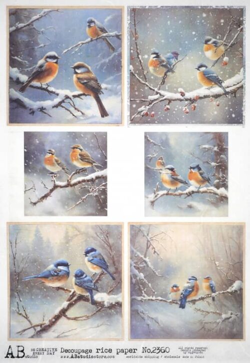 AB Studio Decoupage Rice Paper  A/4 - Winter Birds on Snowy Branches - 2360