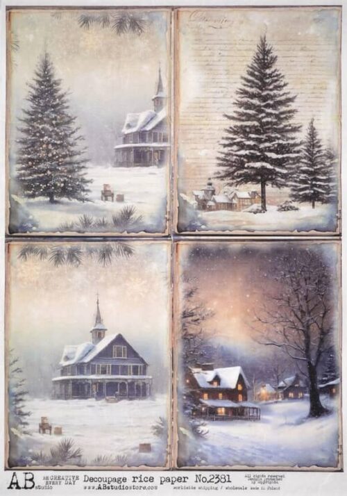 AB Studio Decoupage Rice Paper  A/4 - Rustic Cabin and Snowy Pine Trees - 2381