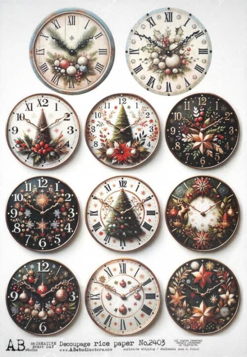 AB Studio Decoupage Rice Paper  A/4 - Vintage Christmas Clocks - 2403