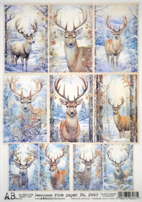 AB Studio Decoupage Rice Paper  A/4 - Vintage Stag Winter Scenes - 2449