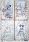 AB Studio Decoupage Rice Paper  A/4 - Vintage Winter Scenes with Birds and Clocks 2463