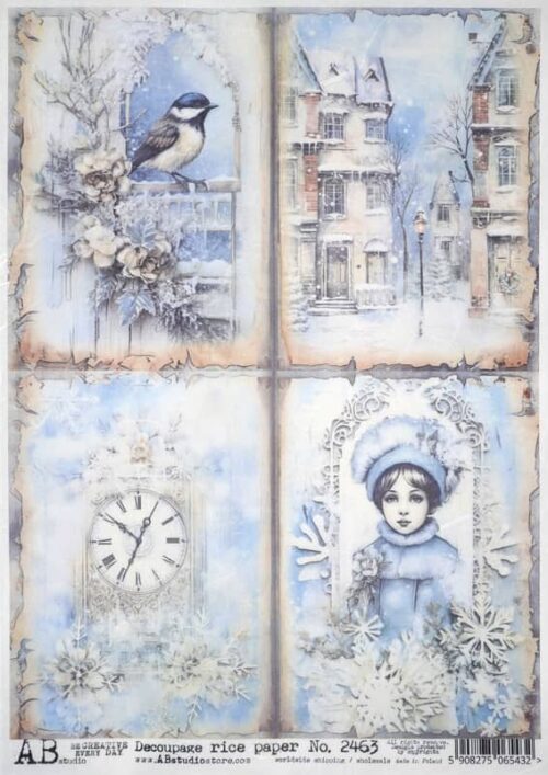 AB Studio Decoupage Rice Paper  A/4 - Vintage Winter Scenes with Birds and Clocks 2463