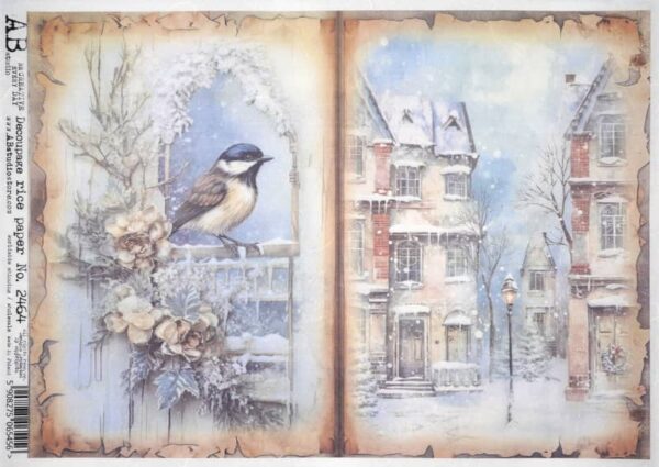 AB Studio Decoupage Rice Paper  A/4 - Vintage Winter Bird & Town Scene - 2464