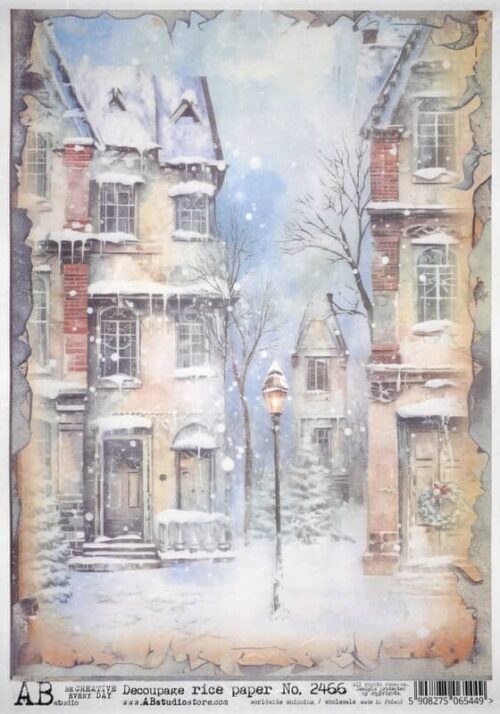 AB Studio Decoupage Rice Paper  A/4 - Vintage Winter Townhouse Scene 2466