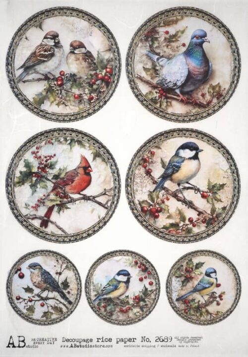 AB Studio Decoupage Rice Paper  A/4 - Vintage Bird & Floral Craft Circles - 2689