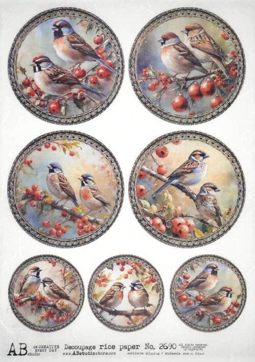 AB Studio Decoupage Rice Paper  A/4 - Vintage Birds & Berries Craft Circles - 2690