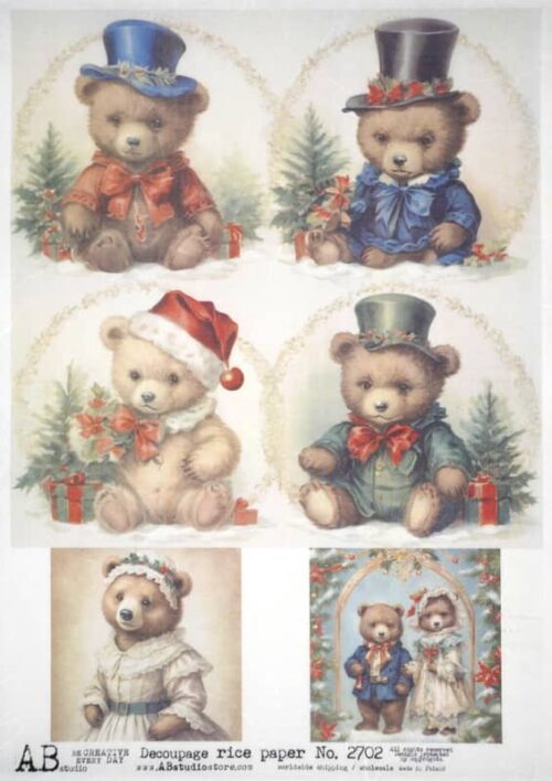 AB Studio Decoupage Rice Paper  A/4 - Vintage Teddy Bears Christmas Craft - 2702