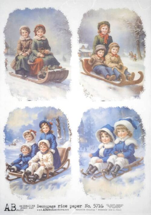 AB Studio Decoupage Rice Paper A/4 - Sledging Children - 5716