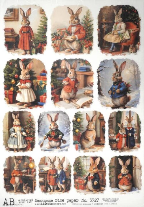 AB Studio Decoupage Rice Paper A/4 - Christmas Bunnies -5727