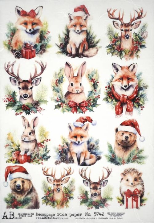 AB Studio Decoupage Rice Paper A/4 - Festive Woodland Creatures - 5742