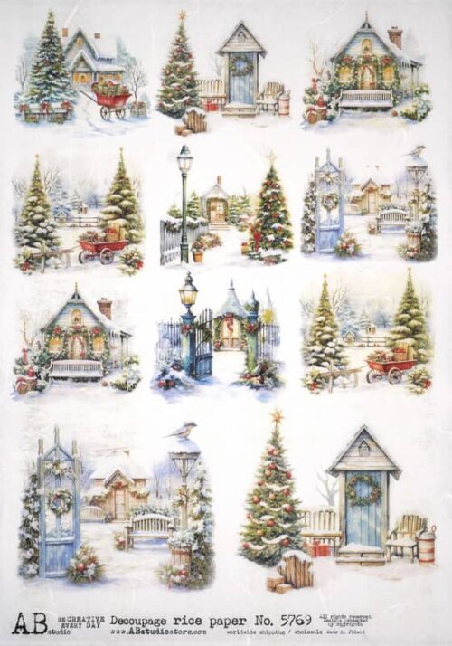 AB Studio Decoupage Rice Paper  A/4 - Houses and Trees Adorned with Snow - 5769