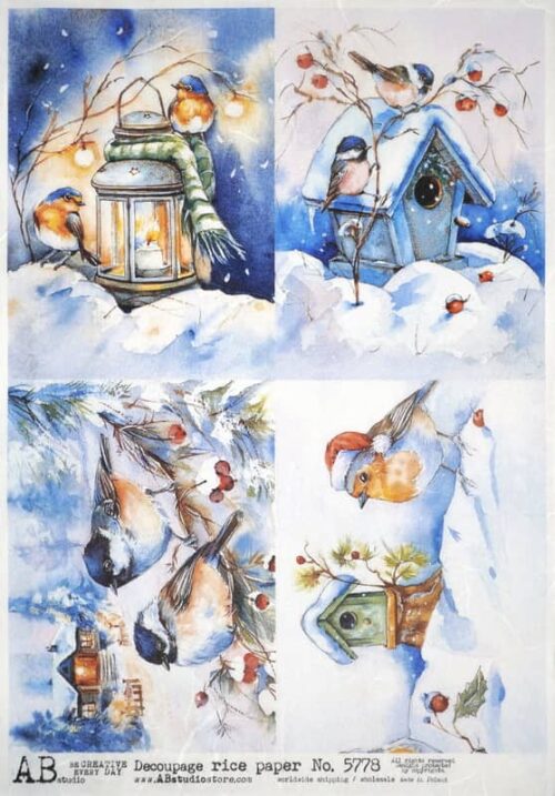 AB Studio Decoupage Rice Paper  A/4 - Winter Charm - Vintage Lantern & Birdhouse Themed - 5778