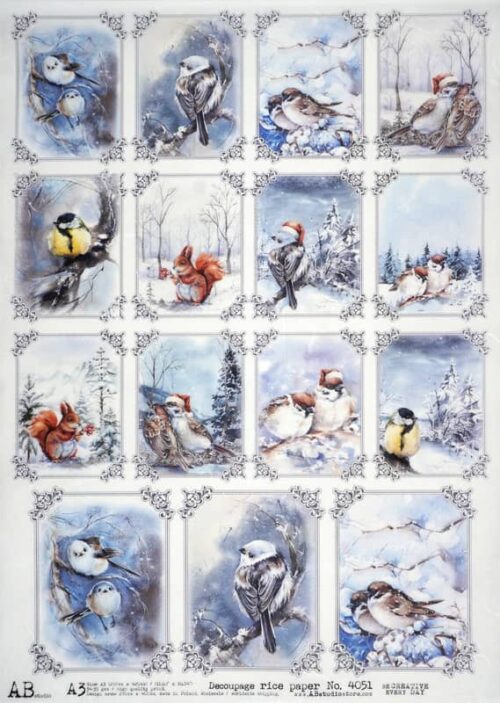 Decoupage Rice Paper  A/3  - Winterly Animals Cards - 4051