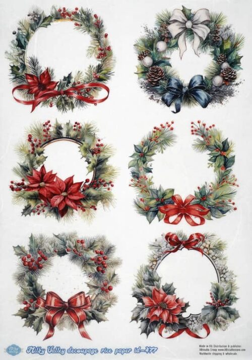 AB Studio Decoupage Rice Paper  A/4 - Christmas Wreaths with Bows - 477MV