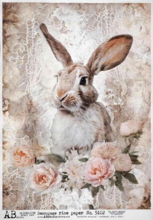 AB Studio Decoupage Rice Paper  A/4 - Rabbit with Delicate Pink Roses - 5102