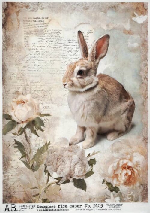 AB Studio Decoupage Rice Paper  A/4 - Rabbit with Flowers Vintage-style - 5103