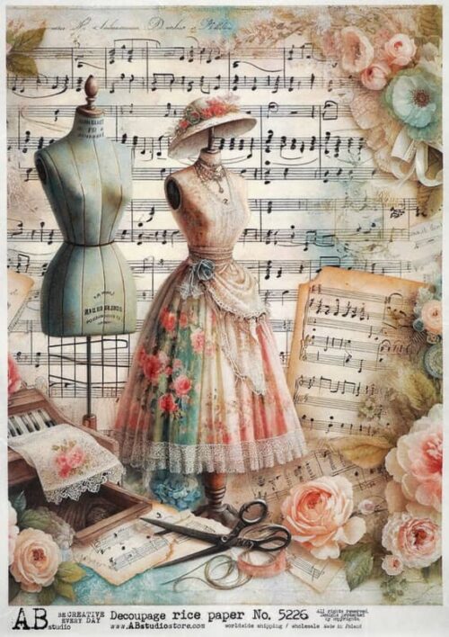 AB Studio Decoupage Rice Paper  A/4 - Vintage Mannequin and Musical Notes - 5226