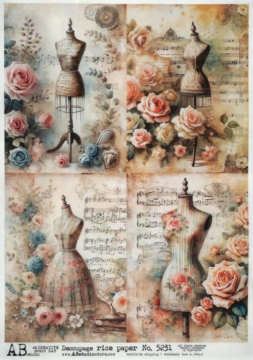 AB Studio Decoupage Rice Paper  A/4 - Mannequins, Roses, Musical Notes, and Faded Text - 5231