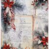 Vintage-style rice paper for decoupage featuring festive holly and ribbon decorations with handwritten script background.