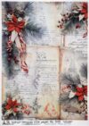 Vintage-style rice paper for decoupage featuring festive holly and ribbon decorations with handwritten script background.