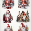 The image contains four illustrations of Santa Claus in various poses with Christmas-themed backgrounds. Each Santa Claus figure’s face is obscured by a gray rectangle.