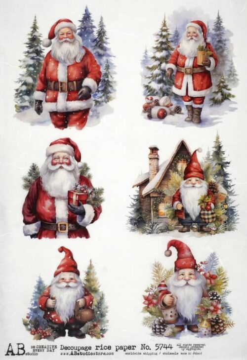 The image contains four illustrations of Santa Claus in various poses with Christmas-themed backgrounds. Each Santa Claus figure’s face is obscured by a gray rectangle.