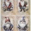 Four whimsical gnome illustrations in vintage style on ornate background, ideal for creative decoupage projects.