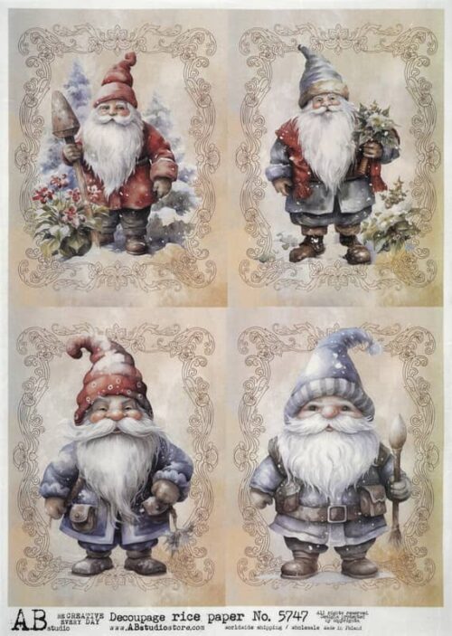 Four whimsical gnome illustrations in vintage style on ornate background, ideal for creative decoupage projects.