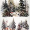 Decoupage rice paper featuring a serene winter landscape with deer among snowy pine trees and red berries.