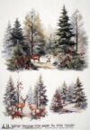 Decoupage rice paper featuring a serene winter landscape with deer among snowy pine trees and red berries.