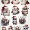 The image contains various illustrations of Santa Claus, reindeer, and owls in Christmas attire